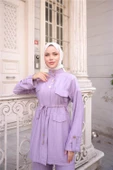 Balıkçı Yaka Belden Lastikli Cepli Metal Düğme Detaylı İkili Tesettür Eşofman Takımı - (38-46) - 71292 - Koyu Lila thumbnail 4