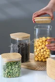Tilbe Home 3lü Bambu Kapaklı Büyük Boy Cam Kavanoz Çizgili Kare Şeker Bakliyat Baharat Mutfak Saklama Kabı Set thumbnail 5