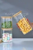 3lü Bambu Kapaklı Büyük Boy Cam Kavanoz Çizgili Yuvarlak Şeker Bakliyat Baharat Mutfak Saklama Kabı thumbnail 3