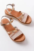 730-044 Bej Garni Ortopedik Örgü Desenli Hakiki Deri Dolgu Kadın Sandalet thumbnail 4