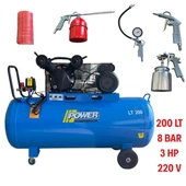 Power 200 Litre Kompresör 3HP 5 Li Havalı Setli Hortum Hava Boya Mazot Lastik Şişirme Aparatları thumbnail 1