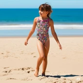 Speedo Allover Digital V-Back Kız Çocuk Yüzücü Mayosu Desenli Mor thumbnail 1