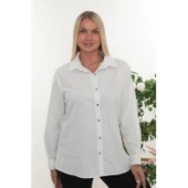 Büyük Beden Kadın Çizgili Uzun Kollu Gömlek - Rahat Kesim Şık Tasarım - 1