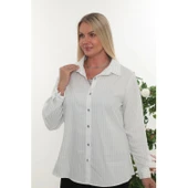 Büyük Beden Kadın Çizgili Uzun Kollu Gömlek - Rahat Kesim Şık Tasarım - 3