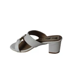 YAZKIŞ Kadın Siyah Beyaz Cilt antlı Üzeri Altın kemer Tokalı 5cm kalın taban terlik thumbnail 8