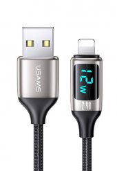 Usams US-SJ543 Dijital Göstergeli,Çipli,Örgülü, 1.2m 2.4A Lightning iPhone Şarj ve Data Kablosu - 1