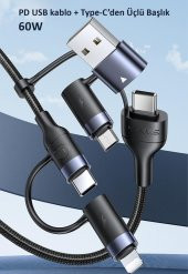 Usams US-SJ547 USB+Type-C To Type-C+Lightning+MicroUSB,1.2m 6 in 1 PD Hızlı Şarj ve Data Kablosu - 5