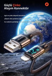 Usams US-SJ543 Dijital Göstergeli,Çipli,Örgülü, 1.2m 2.4A Lightning iPhone Şarj ve Data Kablosu - 9