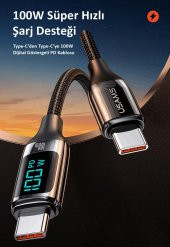 Usams US-SJ546 Dijital Göstergeli Çipli, Örgülü, 1.2m  PD 100W Type-C Hızlı Şarj ve Data Kablosu - 5