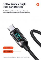 Usams US-SJ546 Dijital Göstergeli Çipli, Örgülü, 1.2m  PD 100W Type-C Hızlı Şarj ve Data Kablosu - 6