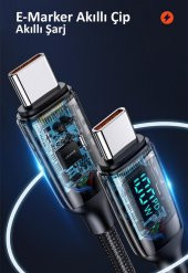 Usams US-SJ546 Dijital Göstergeli Çipli, Örgülü, 1.2m  PD 100W Type-C Hızlı Şarj ve Data Kablosu - 8