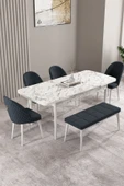 Milas Beyaz Mermer 80x132 Açılabilir Mdf Masa Yemek Odası Takımı, Mutfak Takımı 4 Sandalye, 1 Bench Antrasit - 2