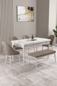 Milas Beyaz Mermer 80x132 Açılabilir Mdf Masa Yemek Odası Takımı, Mutfak Takımı 4 Sandalye, 1 Bench Cappuccino - 1