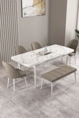 Milas Beyaz Mermer 80x132 Açılabilir Mdf Masa Yemek Odası Takımı, Mutfak Takımı 4 Sandalye, 1 Bench Cappuccino - 2