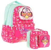 Kaukko Kız Çocuk 3D Flamingo Şekilli Kırmızı Yeşil Okul Sırt Çantası ve Isı Yalıtımlı Beslenme Çantası Seti thumbnail 1