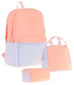 Kaukko Quick Üçlü Kız Çocuk Okul Çanta Seti - Somon - Kapitone Detaylı - 1