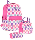 Kaukko Nature Üçlü Kız Çocuk Okul Çanta Seti - Pembe - Dama Desenli thumbnail 1