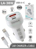 Tonex 38w 2 Girişli Type-C To Lightning Kablolu Araç Şarjı Işıklı LA-38W - 5 ADET - 4