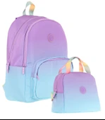 Kaukko Rainbow Üç Bölmeli İlkokul Çantası ve Beslenme Çantası Seti - Mor Turkuaz Renk Geçişli thumbnail 1