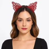 Dantelli Kırmızı Kedi Tacı - Vintage Tarz Dantel Kedi Kulak - 1