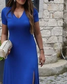 Kadın Kısa Kollu V Yaka Maxi Boy Elbise 124 Cm thumbnail 3