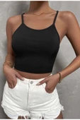 Kadın Siyah Kaşkorse Bağlamalı Detaylı Şık Crop & Bluz - 2