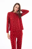 Yazlık Kadın Pijama Takımı Kırmızı Kalp Desenli Yumuşak Dokulu Bisiklet Yaka Uzun Kollu Cottonhıll thumbnail 5