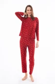 Yazlık Kadın Pijama Takımı Kırmızı Kalp Desenli Yumuşak Dokulu Bisiklet Yaka Uzun Kollu Cottonhıll thumbnail 6