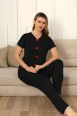 Fiyonklu Kadın Pijama Takımı - Siyah Puantiyeli Kısa Kol Likralı 2828ky - 1