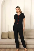 Fiyonklu Kadın Pijama Takımı - Siyah Puantiyeli Kısa Kol Likralı 2828ky - 3