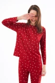 Yazlık Kadın Pijama Takımı Kırmızı Kalp Desenli Yumuşak Dokulu Bisiklet Yaka Uzun Kollu Cottonhıll thumbnail 7