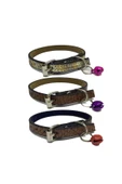 3'lü Set Zilli Deri Kedi Tasması 30 cm - 1