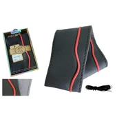 Lüx Desenli Deri Dikme Direksiyon Kılıfı 38-40cm Siyah-Kırmızı Şeritli OND373 - 2