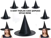 Halloween Siyah Renk Parlak Dralon Cadı Şapkası Yetişkin Ve Çocuk Uyumlu 6 Adet - 1