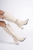 Kadın Paris Krem Tokalı Detaylı Yandan Fermuarlı Diz Altı Cizme 410 - 1