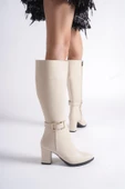 Kadın Paris Krem Tokalı Detaylı Yandan Fermuarlı Diz Altı Cizme 410 - 2