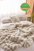 Kürk Yatak Örtüsü Çift Kişilik Dolgulu Peluş Yumuşak Çift Taraflı Yorgan 3 Parça Loria Kahve - 1