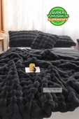 Kürk Yatak Örtüsü Çift Kişilik Dolgulu Peluş Yumuşak Çift Taraflı Yorgan 3 Parça Lory Kahve - 1