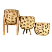 Bitki Tasarımı Ev Dekorasyon Aksesuar Naturel Desenli Toprak Saksı Saksılık Salon Çiçeklik Üçlü Set 19 CM - 1