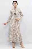 Moda Çizgi Çiçek Desenli  Pileli Elbise Bej thumbnail 4