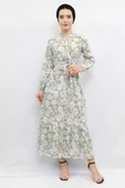 Moda Çizgi Çiçek Desenli Pileli Elbise Mint - 5