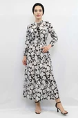 Moda Çizgi Çiçek Desenli Pileli Elbise Siyah - 5