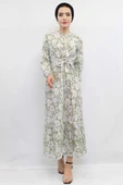 Moda Çizgi Çiçek Desenli Pileli Elbise Mint - 4