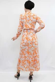Moda Çizgi Çiçek Desenli Pileli Elbise Turuncu - 4