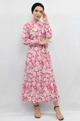 Moda Çizgi Çiçek Desenli Pileli Elbise Fuşya - 1