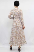 Moda Çizgi Çiçek Desenli  Pileli Elbise Bej thumbnail 3