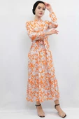 Moda Çizgi Çiçek Desenli Pileli Elbise Turuncu - 5