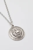 Kabartmalı Aslan Madalyon Kolye - Düz Ezme İthal Zincirli Unisex Gümüş Kaplama - 60 cm thumbnail 2