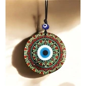 Kırmızı Çiçek Desenli Ve Nazar Boncuklu El Yapımı Füzyon Cam Duvar Süsü - 3