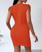 Kadın Kruvaze Yaka Büzgü Ve Zincir Aksesuar Detay Cepli Sandy Mini Elbise thumbnail 4